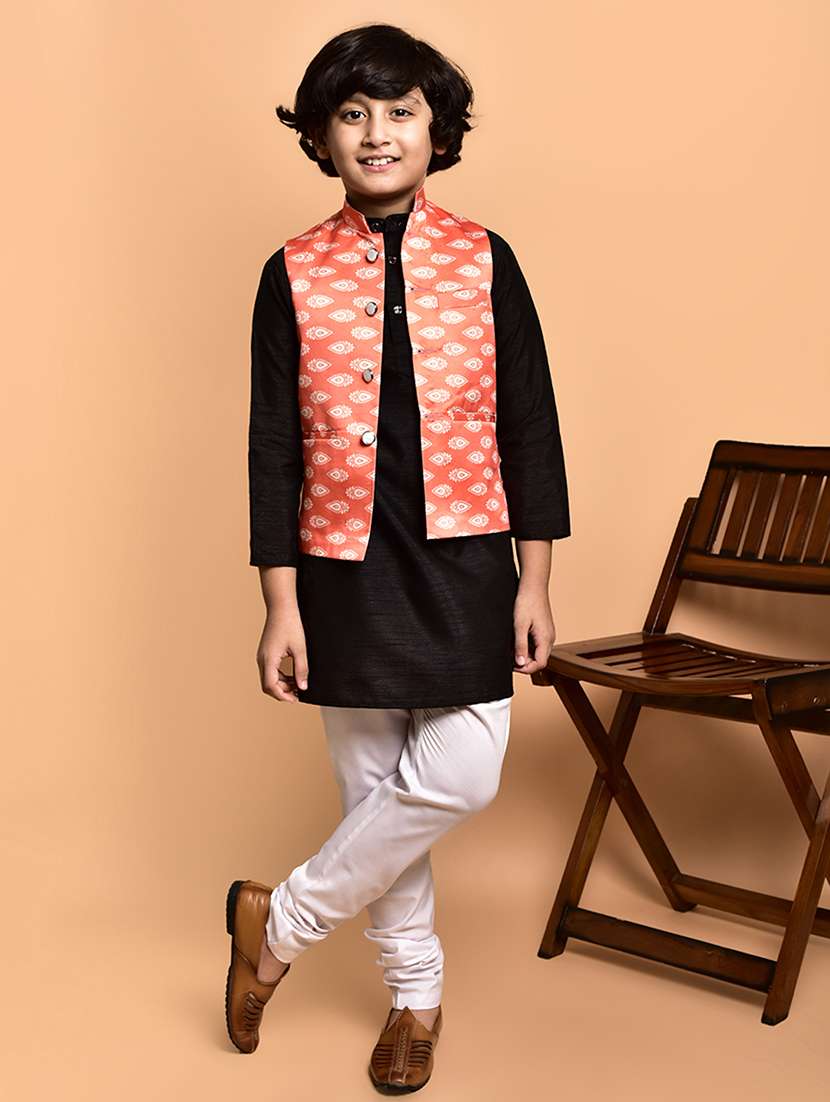 boys solid mandarin neck kurta pyjama ethnic jacket set