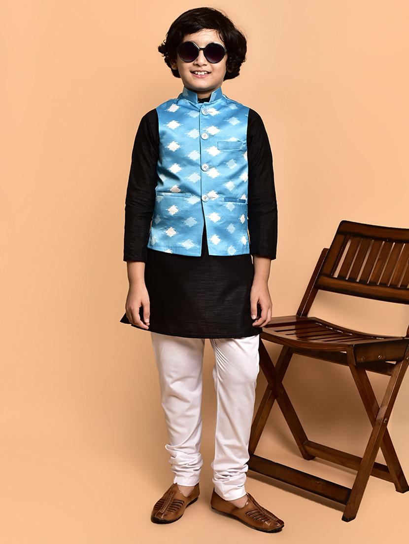 boys solid mandarin neck kurta pyjama ethnic jacket set - 21787133 - Zoom Image - 0