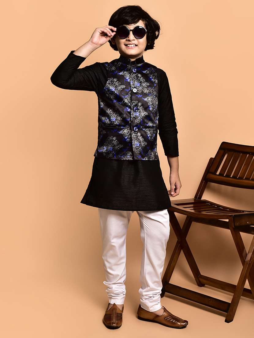 boys solid mandarin neck kurta pyjama ethnic jacket set