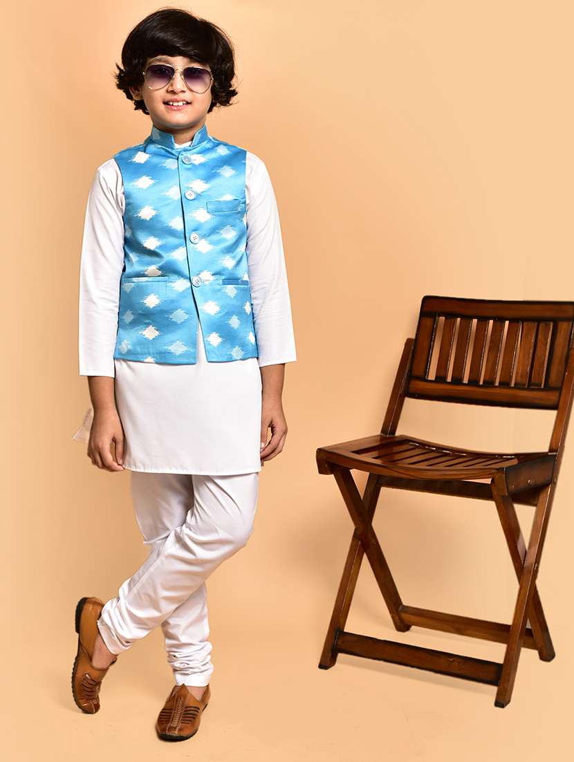 boys solid mandarin neck kurta pyjama ethnic jacket set