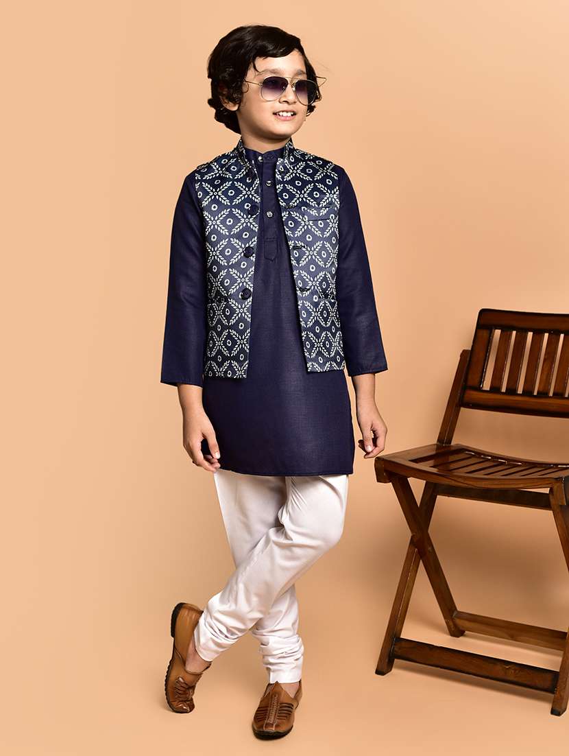boys solid mandarin neck kurta pyjama ethnic jacket set