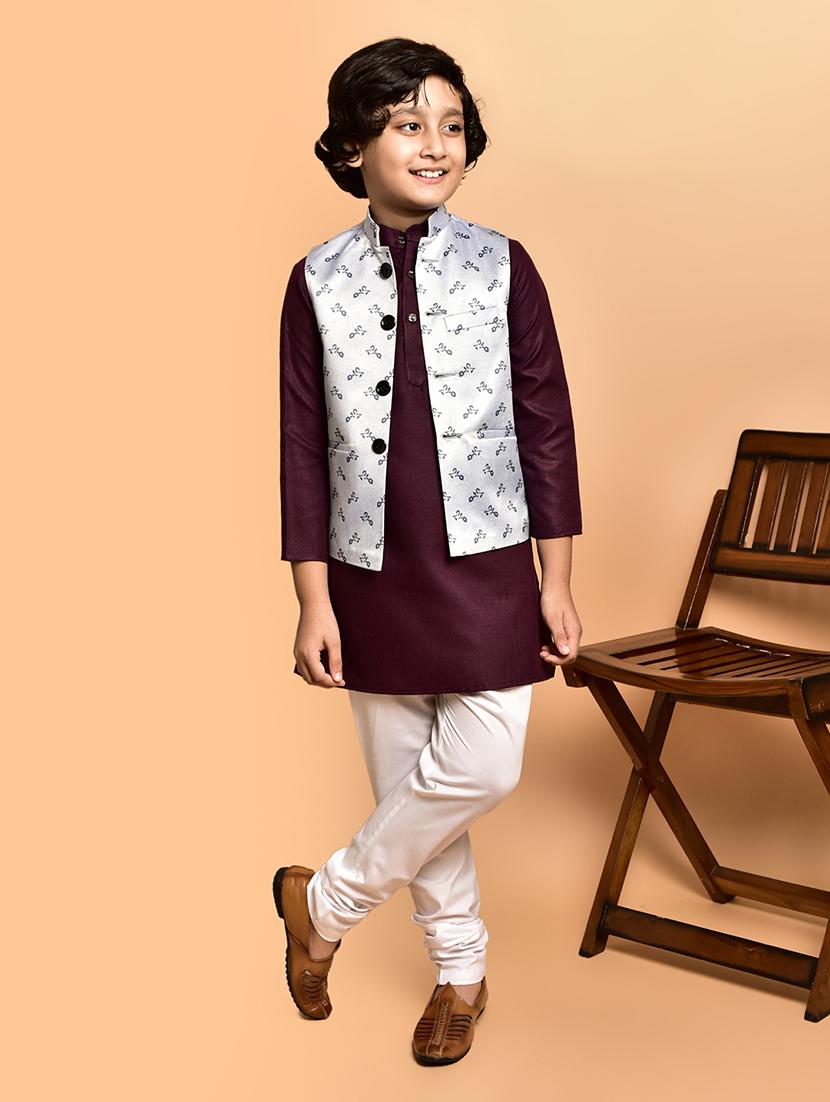 boys solid mandarin neck kurta pyjama ethnic jacket set - 21787172 - Zoom Image - 0