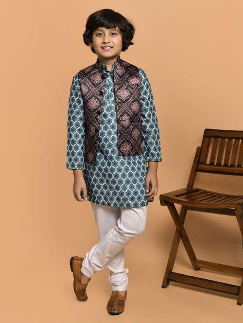 boys printed mandarin neck kurta pyjama ethnic jacket set - 21787191 -  Standard Image - 0