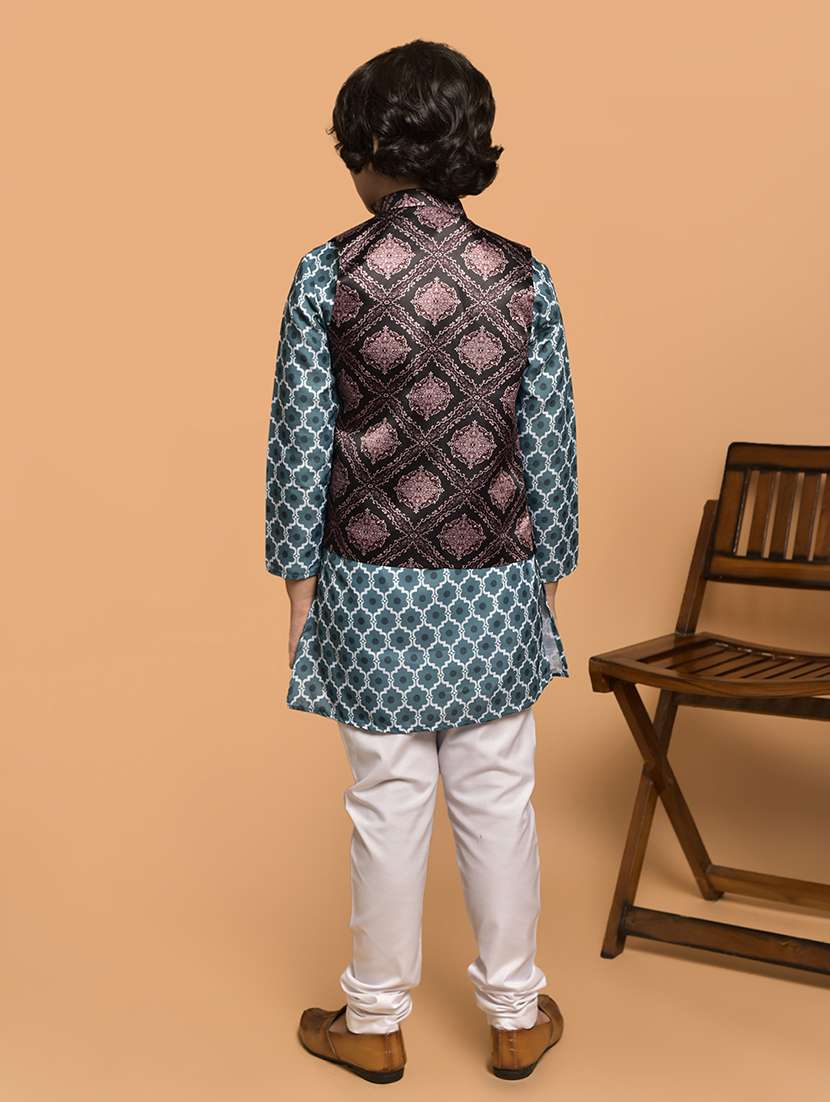 boys printed mandarin neck kurta pyjama ethnic jacket set - 21787191 -  Standard Image - 3
