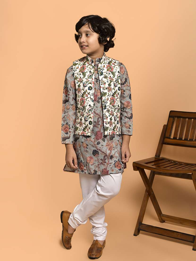 boys printed mandarin neck kurta pyjama ethnic jacket set - 21787193 -  Zoom Image - 0