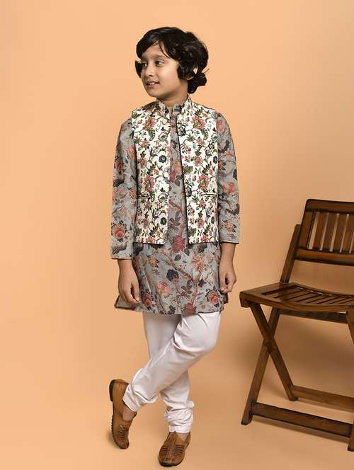 boys printed mandarin neck kurta pyjama ethnic jacket set - 21787194 -  Standard Image - 0