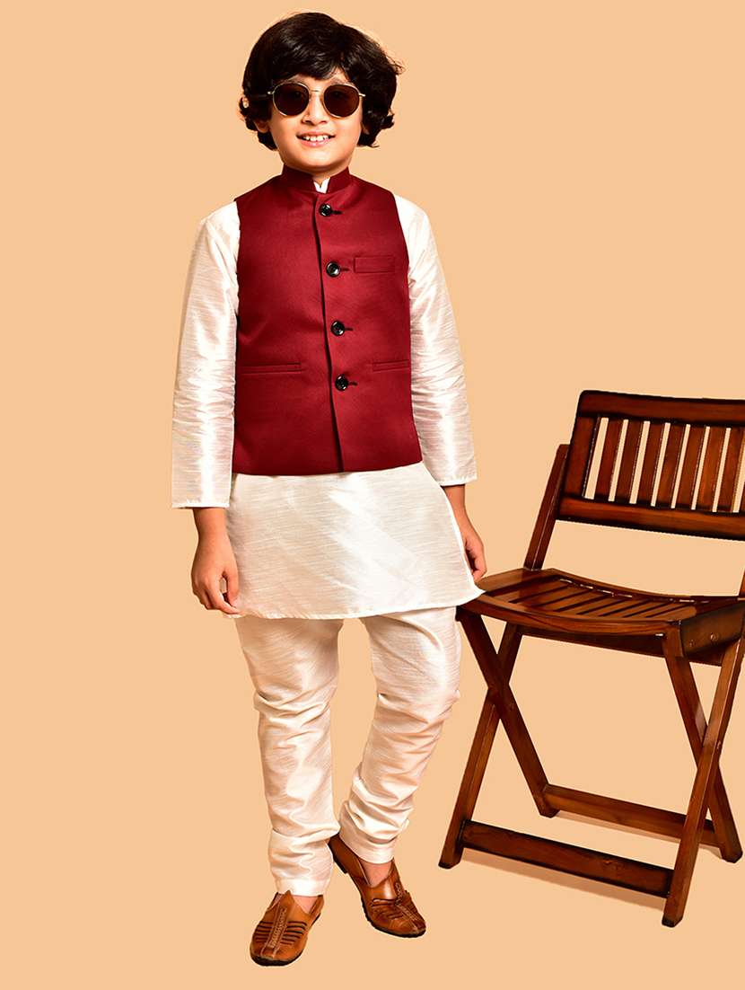 boys solid mandarin neck kurta pyjama ethnic jacket set - 21787255 - Zoom Image - 0