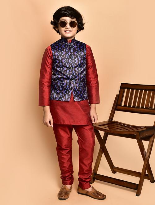 boys solid mandarin neck kurta pyjama ethnic jacket set - 21787264 -  Standard Image - 0
