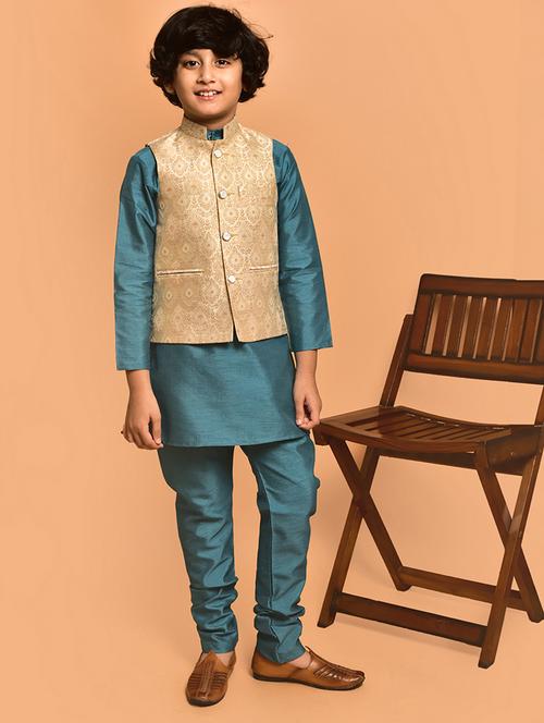 boys solid mandarin neck kurta pyjama ethnic jacket set - 21787270 -  Standard Image - 0