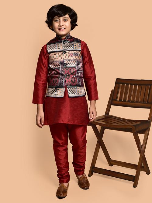boys solid mandarin neck kurta pyjama ethnic jacket set - 21787280 - Standard Image - 0