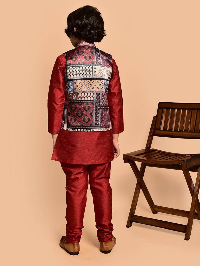 boys solid mandarin neck kurta pyjama ethnic jacket set - 21787280 - Standard Image - 3