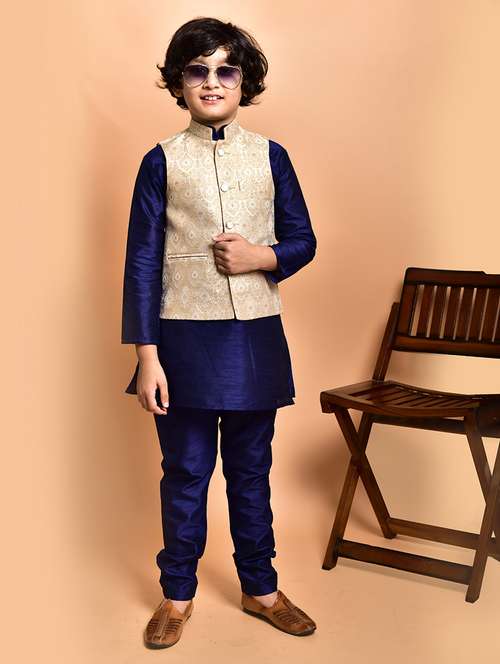 boys solid mandarin neck kurta pyjama ethnic jacket set - 21787298 -  Standard Image - 0