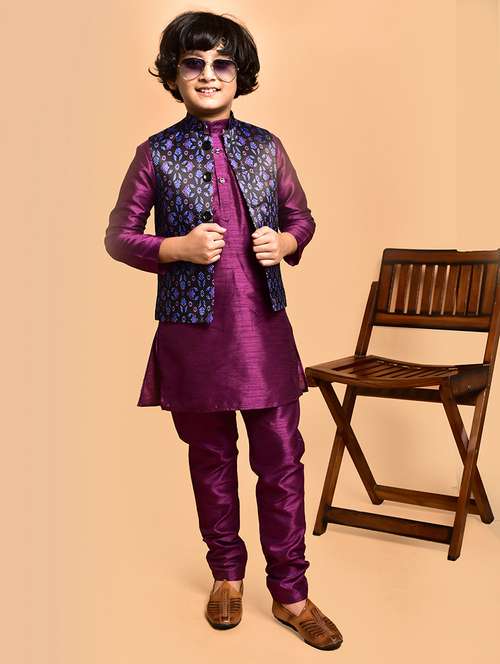boys solid mandarin neck kurta pyjama ethnic jacket set - 21787301 - Standard Image - 0