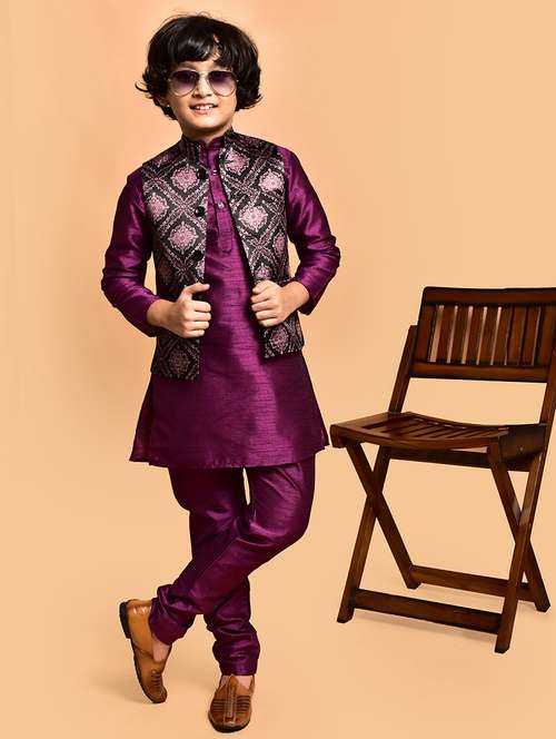 boys solid mandarin neck kurta pyjama ethnic jacket set - 21787302 - Standard Image - 0