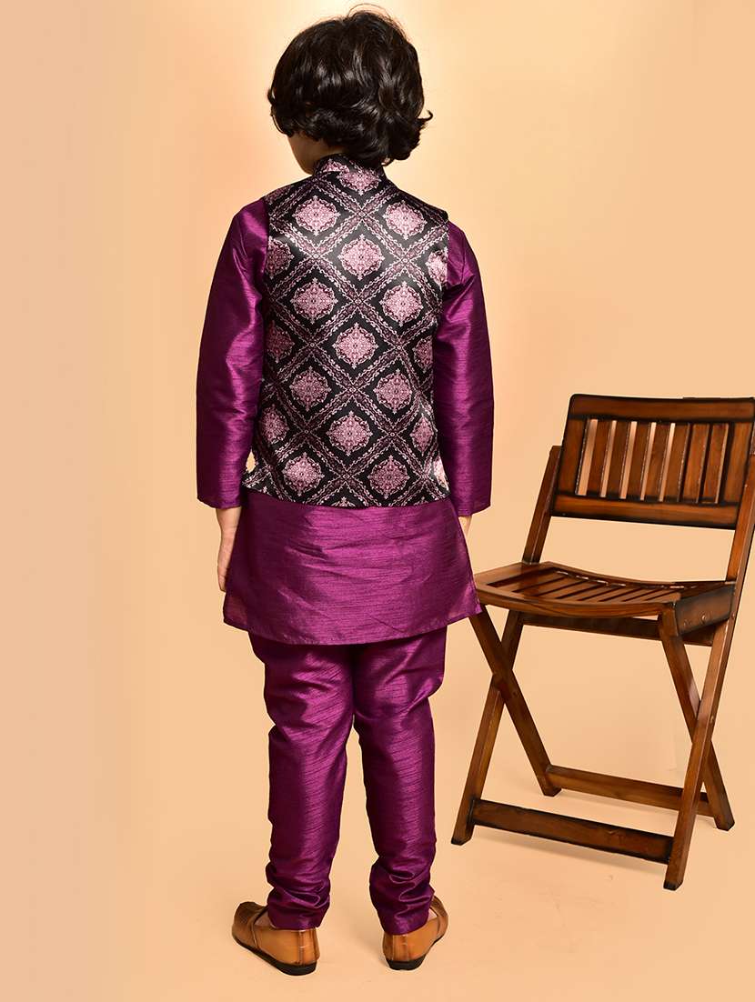 boys solid mandarin neck kurta pyjama ethnic jacket set - 21787302 - Standard Image - 3