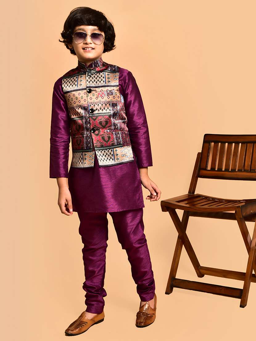 boys solid mandarin neck kurta pyjama ethnic jacket set