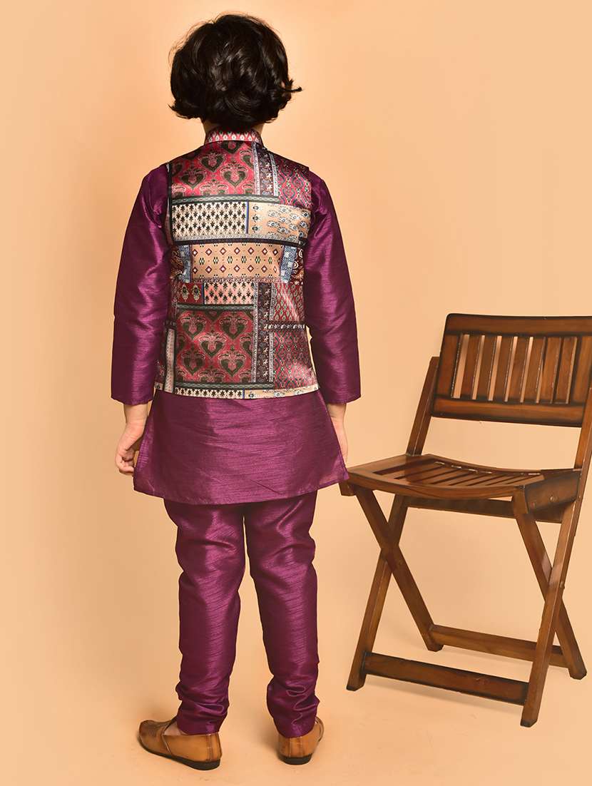 boys solid mandarin neck kurta pyjama ethnic jacket set - 21787303 -  Standard Image - 3