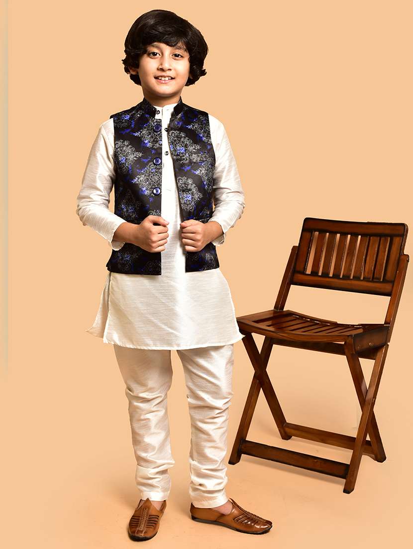 boys solid mandarin neck kurta pyjama ethnic jacket set