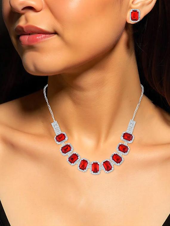 brass imitation ruby diamond necklace set women - 21788861 - Standard Image - 3
