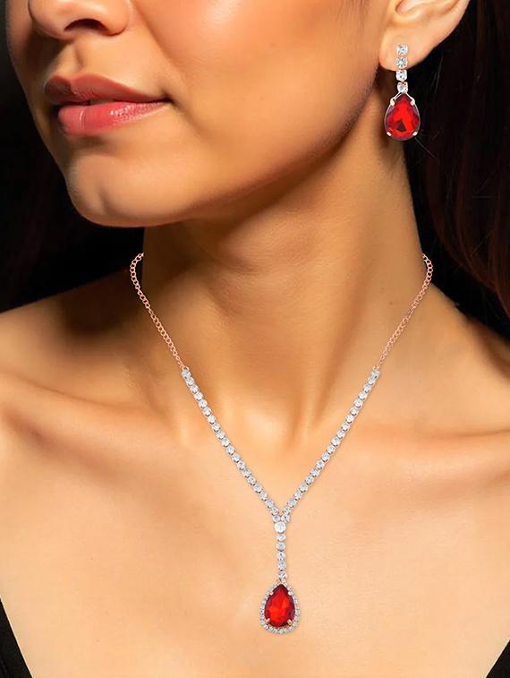brass imitation ruby diamond necklace set women - 21788863 - Standard Image - 3