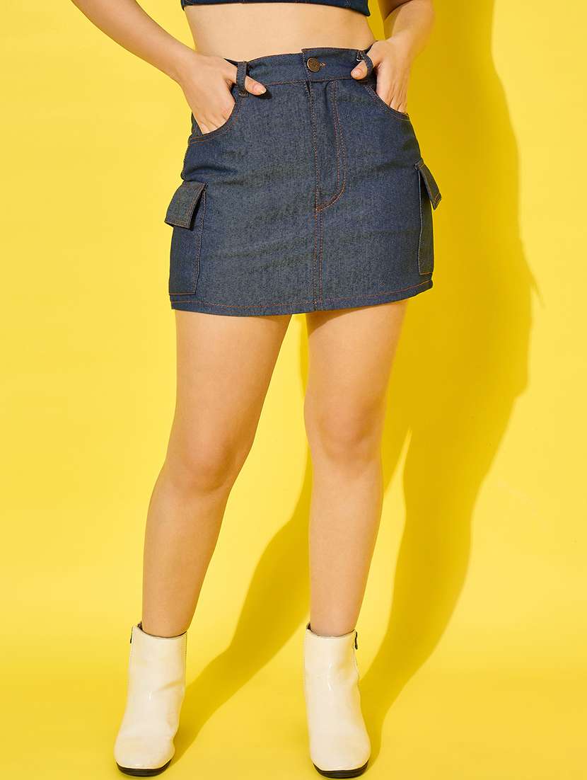 women solid high rise denim cargo skirt