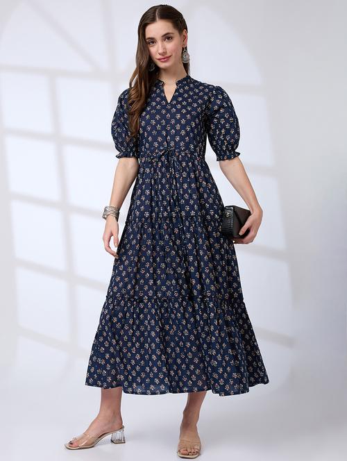 globus women blue mandarin collar puff sleeves waist tie-ups tiered a-line work wear midi dress - 21791288 -  Standard Image - 0