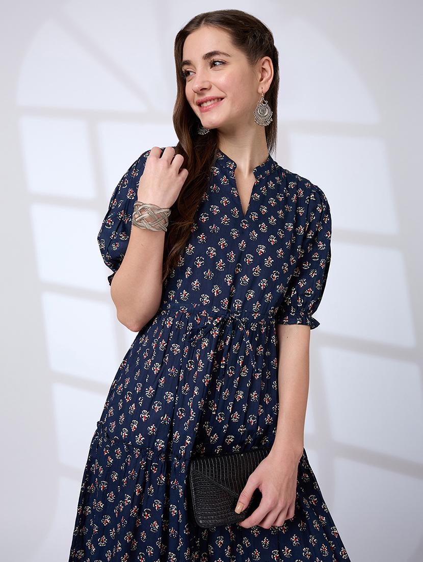 globus women blue mandarin collar puff sleeves waist tie-ups tiered a-line work wear midi dress - 21791288 - Standard Image - 3