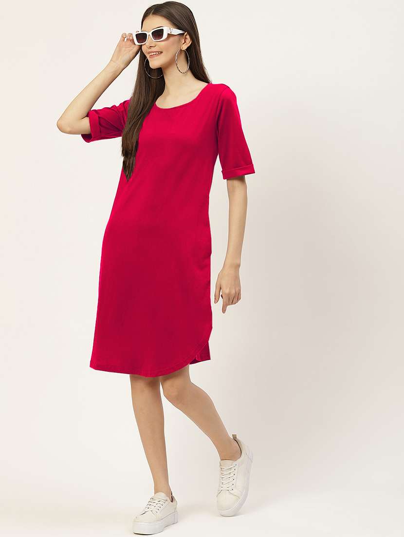 women solid short sleeves shift dress