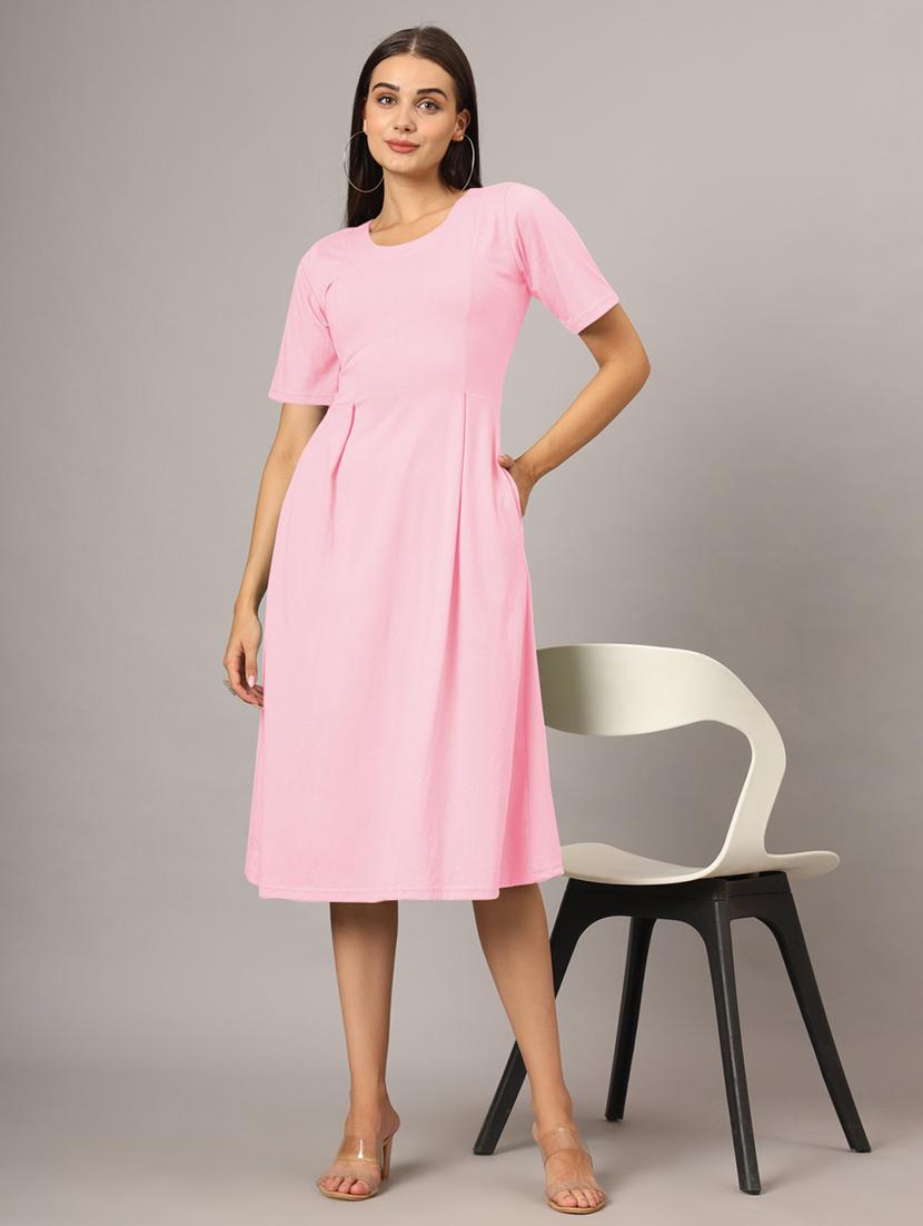 women solid short sleeves a-line dress - 21793284 -  Zoom Image - 0
