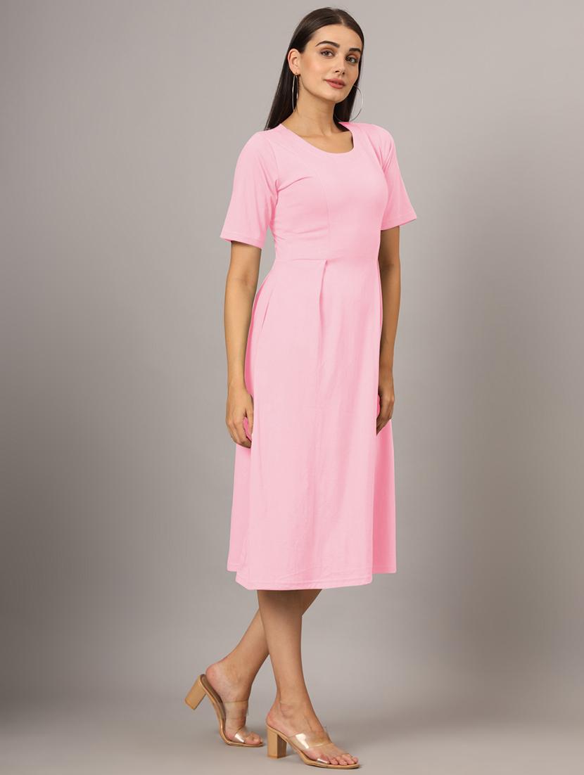 women solid short sleeves a-line dress - 21793284 - Standard Image - 3