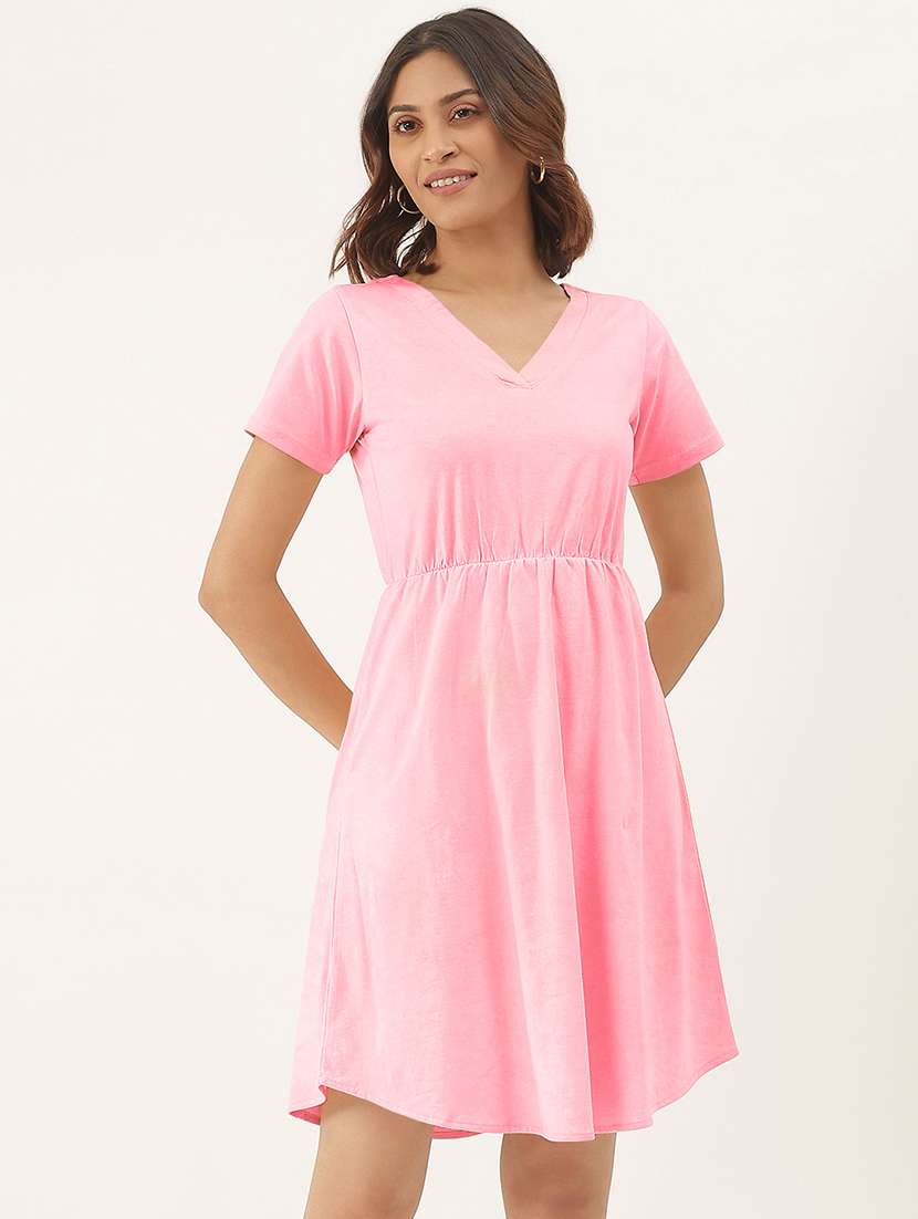 women solid short sleeves a-line dress