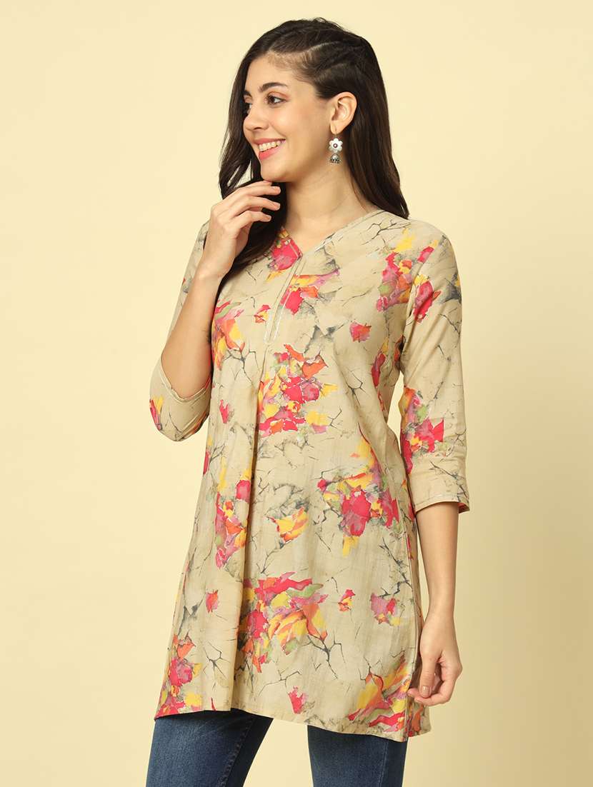 women printed three quarter sleeves a-line kurti