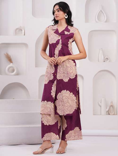 women printed sleeveless kurta palazzo set - 21793424 - Standard Image - 0