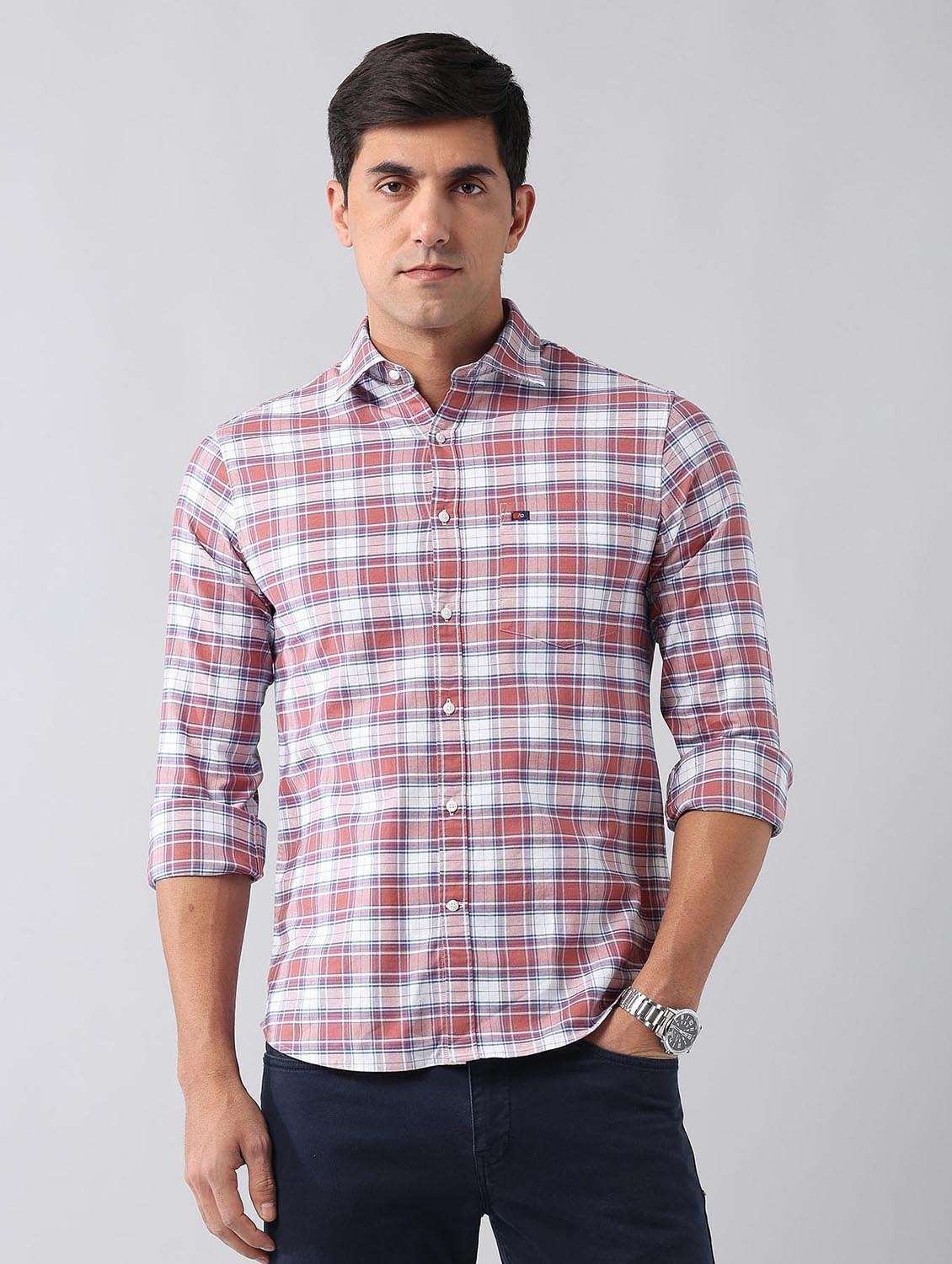 men checkered long sleeve slim fit casual shirt