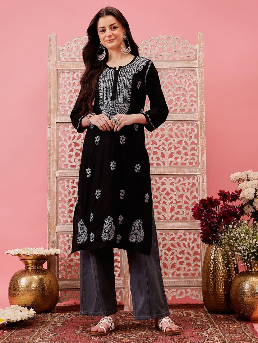 women three quarter sleeve straight chikankari kurta