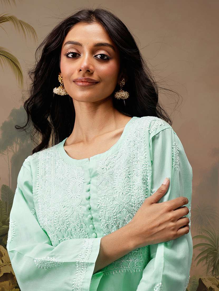 Women Long Sleeve Straight Chikankari Kurti - 21794633 -  Standard Image - 3