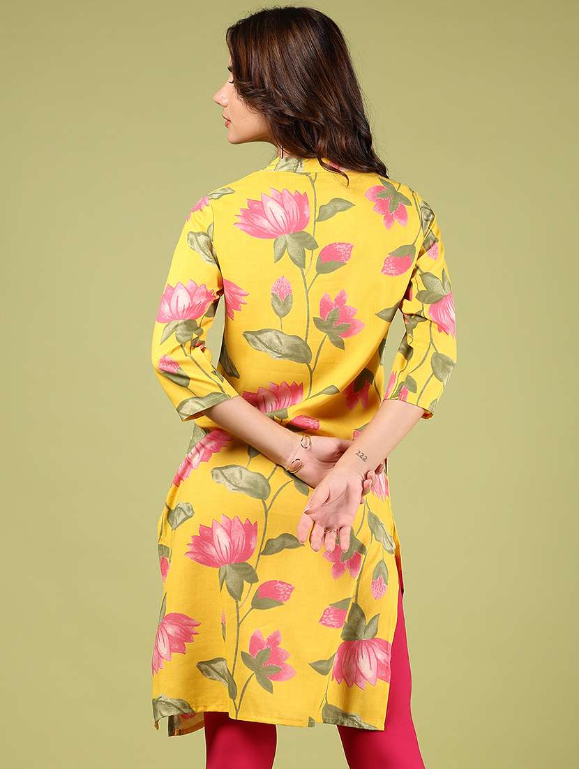women yellow three quarter sleeve straight kurta - 21794700 - Standard Image - 3