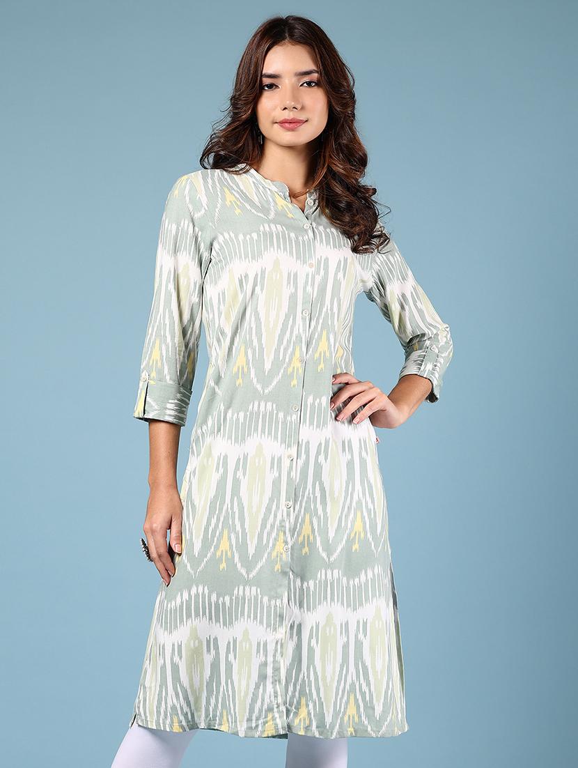 women grey ikat three quarter sleeve a-line kurta