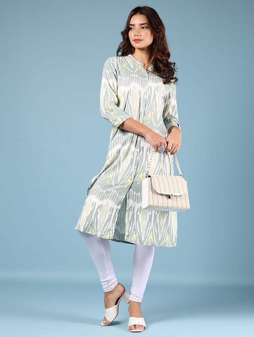 women grey ikat three quarter sleeve a-line kurta - 21794702 - Standard Image - 5