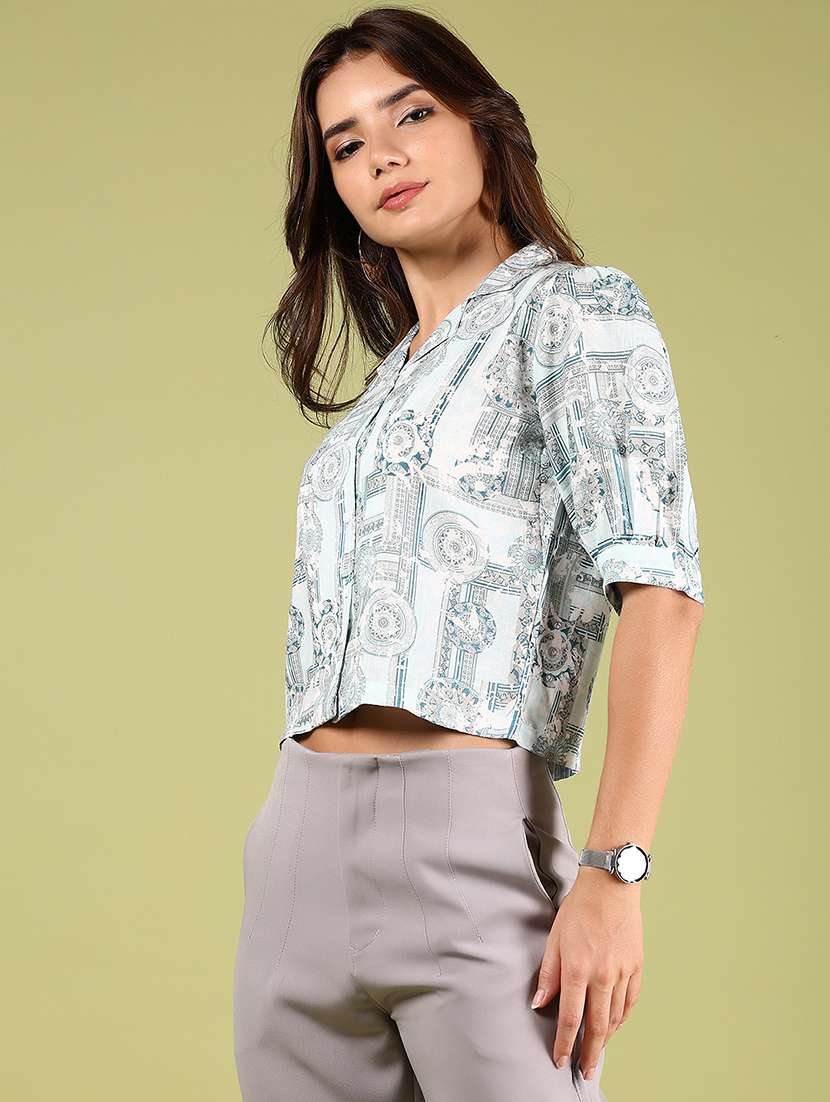 women printed elbow sleeve crop top - 21794739 - Standard Image - 3