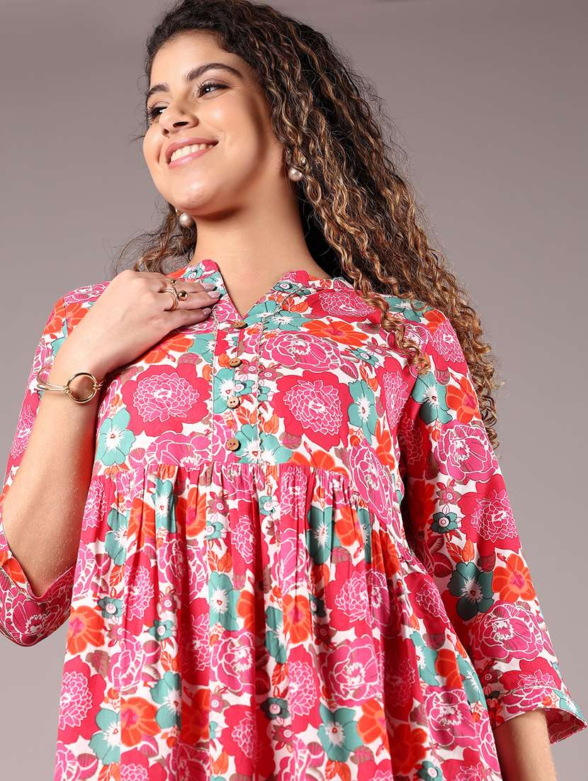 women floral print mandarin neck a-line dress