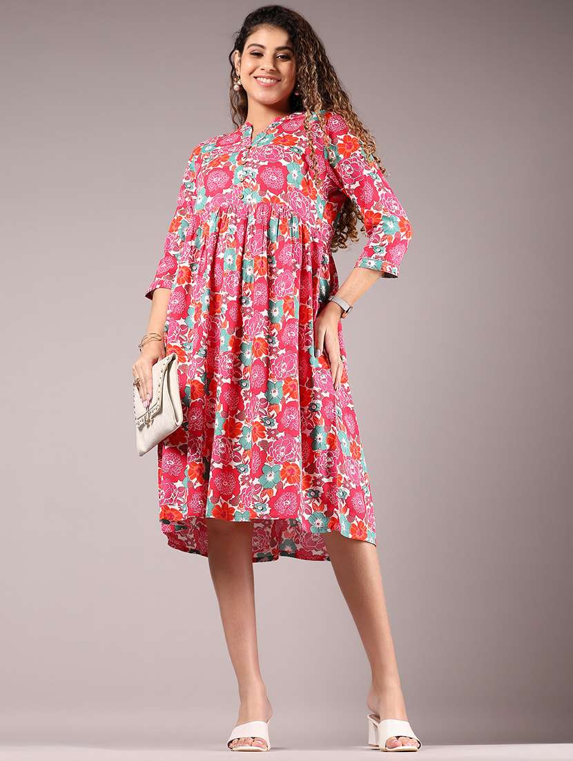 women floral print mandarin neck a-line dress - 21794925 - Standard Image - 5