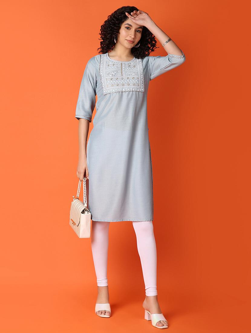 women embroidered three quarter sleeve straight kurta - 21795023 - Standard Image - 5