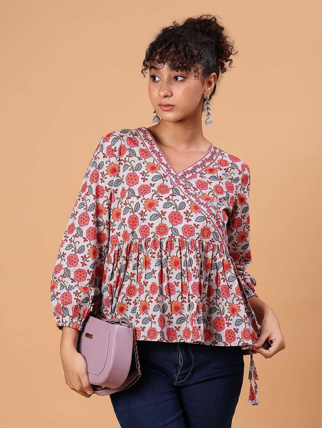women floral printed v neck peplum top - 21795043 -  Zoom Image - 0
