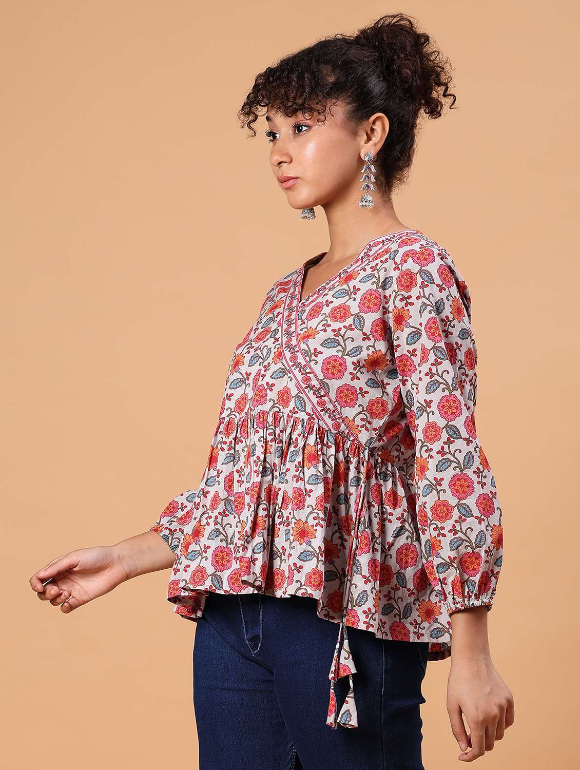women floral printed v neck peplum top - 21795043 - Standard Image - 3