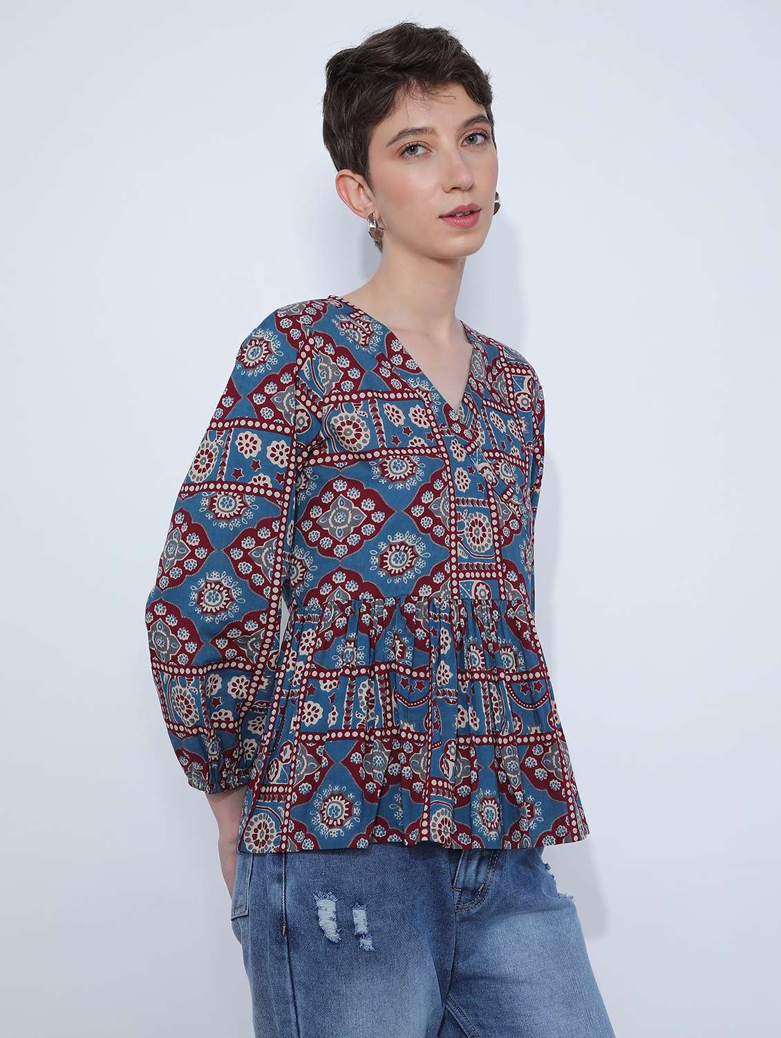 women printed overlap neck peplum top - 21795044 - Standard Image - 3