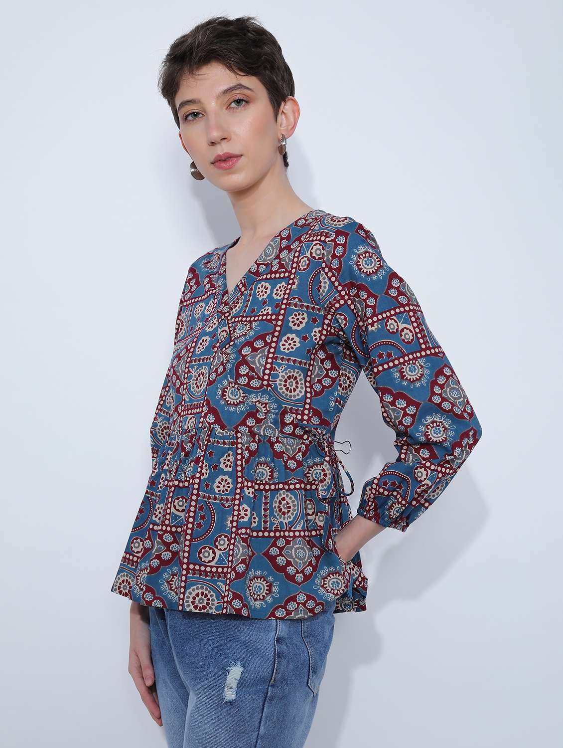 women printed overlap neck peplum top - 21795044 - Standard Image - 5