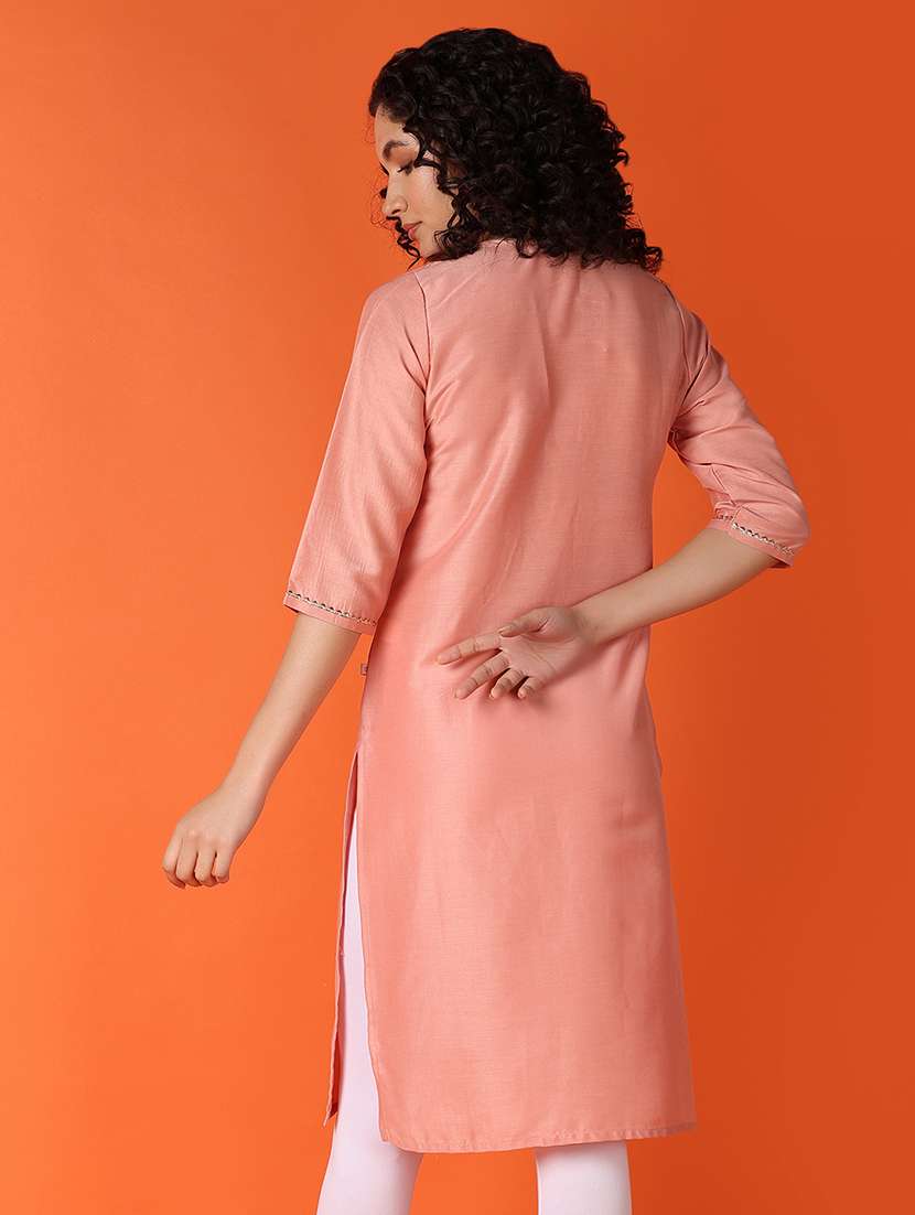 women peach three quarter sleeve straight kurta - 21795045 -  Standard Image - 3