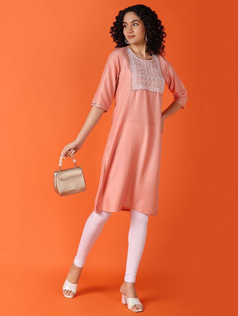 women peach three quarter sleeve straight kurta - 21795045 -  Standard Image - 5