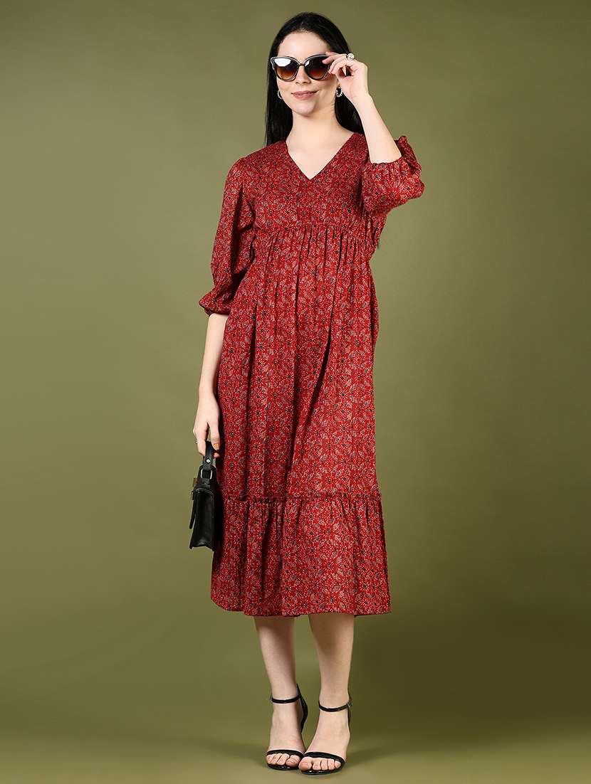 women red printed three quarter sleeve tiered ethnic dress